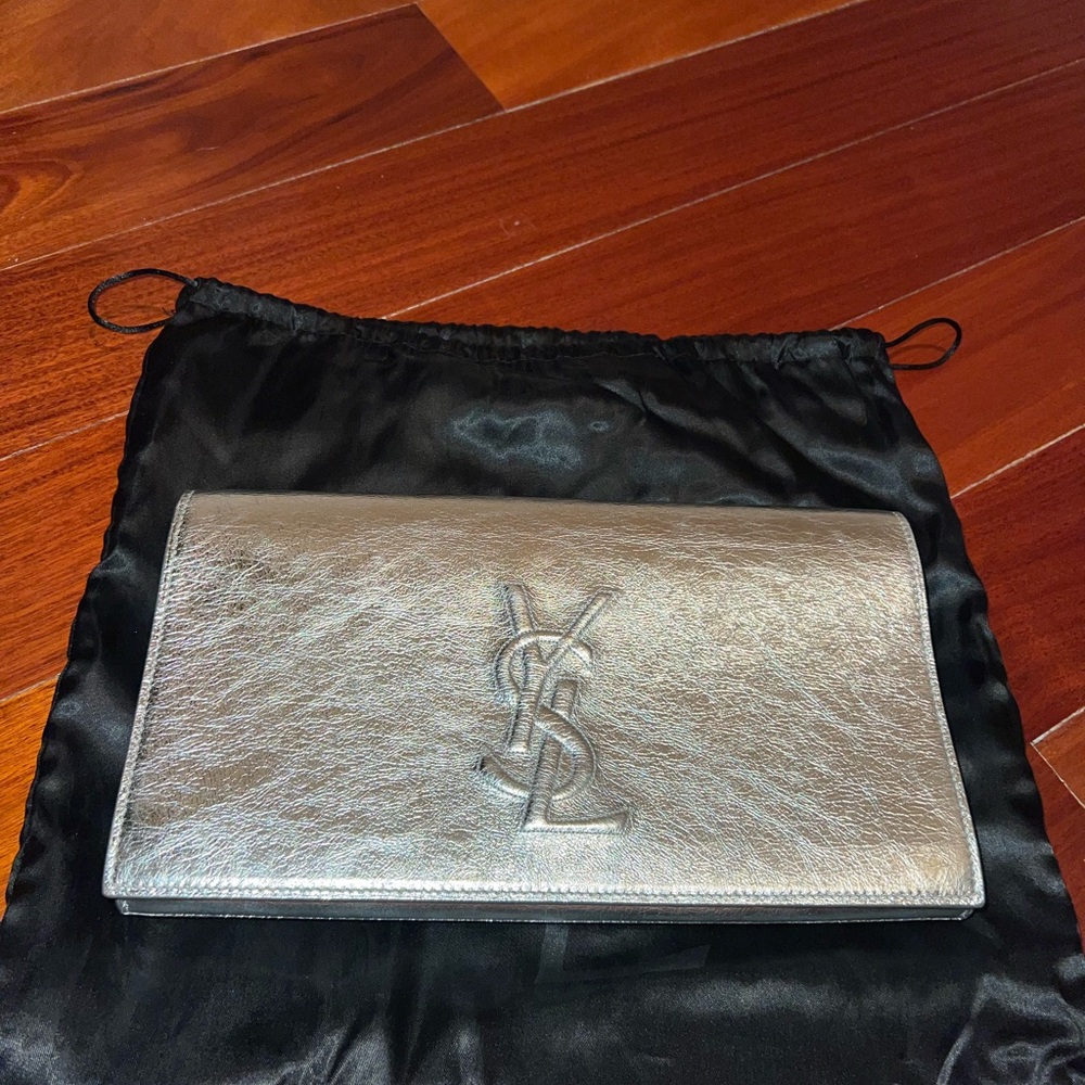 YSL Belle De Jour Clutch in silver.